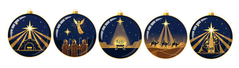 Nativity scene with birth Jesus Christ on Christmas ornament ball set. Isolated cut illustration on transparent background with golden and dark blue colors