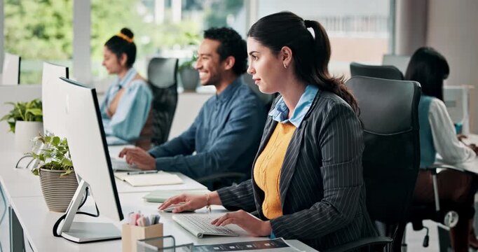 Office, employees and woman with computer, typing and research for article in newsroom or coworking. Journalist, productivity and colleagues with technology for story, creative and project on website