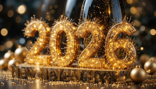 A champagne bottle with golden numerals and decorations, signifying New Year's Eve 2026