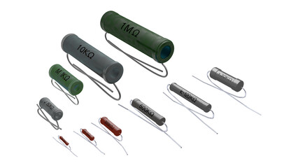 この3D画像は1950年代から1970年代頃の日本製のラジオや測定器などに使用されていた抵抗器のリード線を曲げたタイプのPNG画像です。