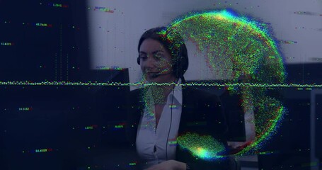 Seated woman putting on headset, typing in tech desk while globe projects data speckle for calls - Powered by Adobe