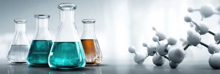 Close-up of blue, purple, and cyan laboratory vials on a pristine white background: scientific research and experimentation