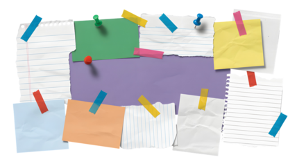 Colorful creative notes and memos board, organize your ideas, pin your vision, a blank canvas for your thoughts and inspiration isolated on white background