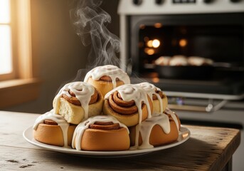 Freshly baked, steaming hot cinnamon rolls with white icing stacked on a plate in front of an oven
