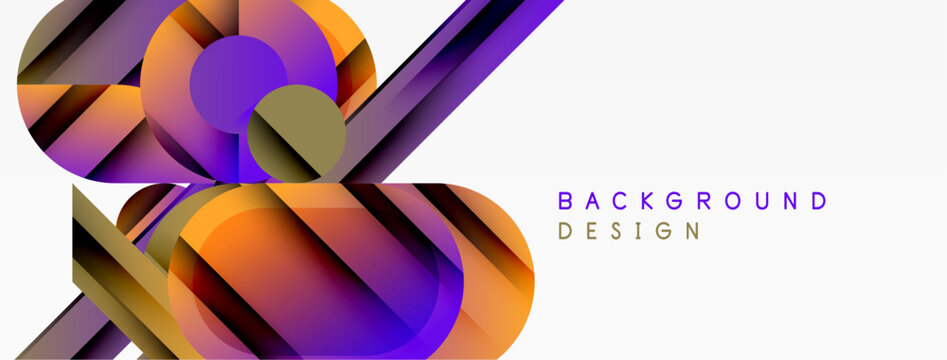 Abstract geometric shapes overlap, creating vibrant color gradients. Modern design elements suggest dynamic composition.