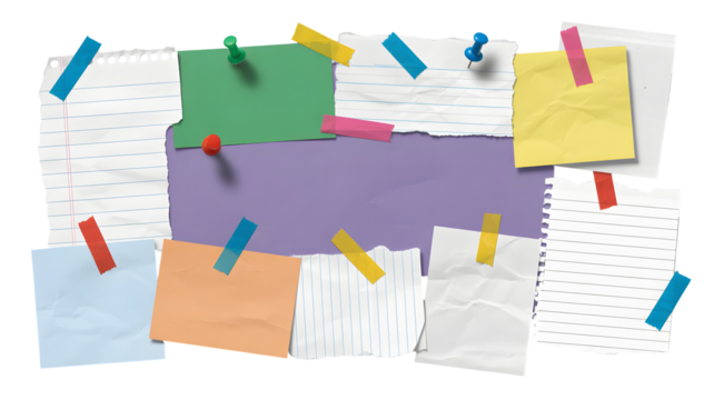 Colorful creative notes and memos board, organize your ideas, pin your vision, a blank canvas for your thoughts and inspiration isolated on white background