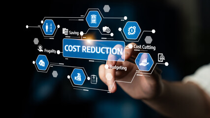 A digital interface showcasing cost reduction strategies with icons for budgeting, savings, and financial planning, ideal for business and technology themes. Tessel