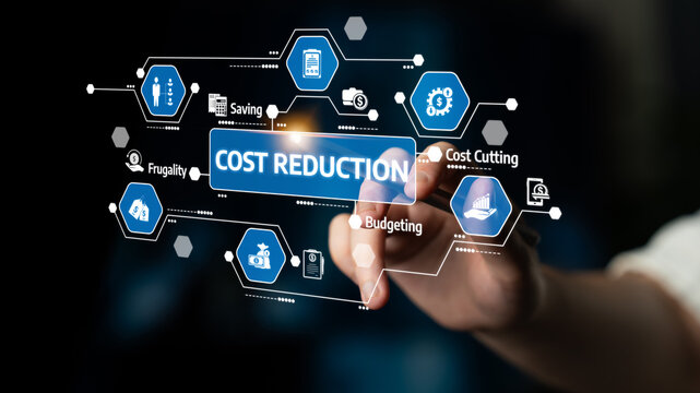 A digital interface showcasing cost reduction strategies with icons for budgeting, savings, and financial planning, ideal for business and technology themes. Tessel