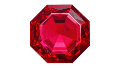 A faceted, octagonal, vibrant red gem, isolated on a black background