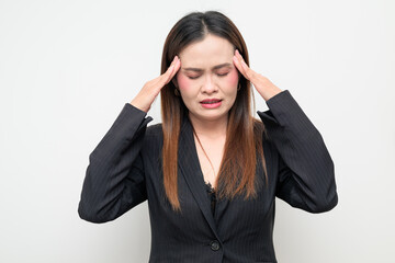 Stressed Asian Business Woman Having Headache Studio Portrait on White Background