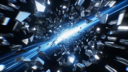 Fast fly-through shattered glass explosion into bright blue energy tunnel. - Powered by Adobe
