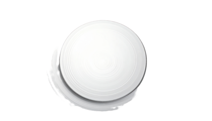 Bright white circular object with shadows and a reflective sheen on a black background