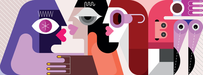 a woman eavesdrops on a conversation between two people