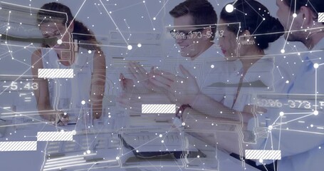 Left woman smiling sparking team clapping in praise in biz meeting node overlay partly hiding faces