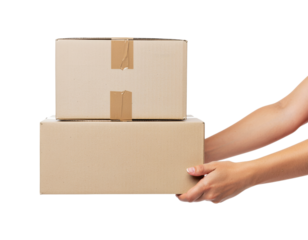hand holding brown paper box package isolated, parcel delivery on transparent background, PNG