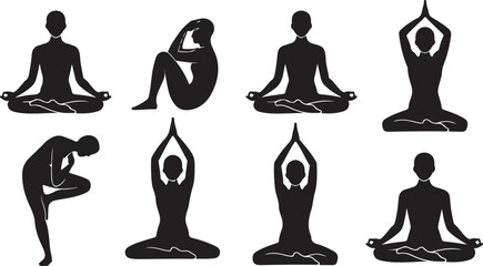 Black yoga silhouettes show various poses on a transparent background, promoting fitness and relaxation