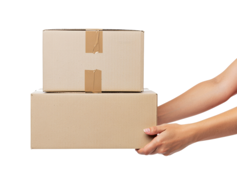 hand holding brown paper box package isolated, parcel delivery on transparent background, PNG - Powered by Adobe