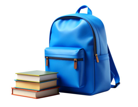 Blue school bag with struck of books transparent background, PNG. - Powered by Adobe