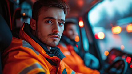 emergency medical team working inside ambulance, concept of urgent healthcare, first aid and life saving treatment, stock photo style