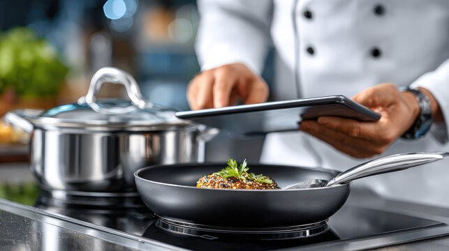 Chef in a modern kitchen using a tablet to follow a recipe while cooking a dish in a frying pan on a stove