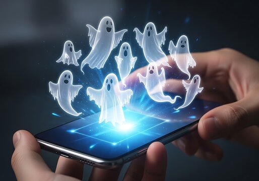 Glowing ghosts emerging from smartphone screen, digital spooky halloween concept