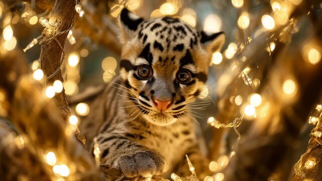 A baby tiger is laying in a tree with lights around it. The lights are on and the baby tiger is looking at the camera. Clouded Leopard cub framed by glowing fairy lights