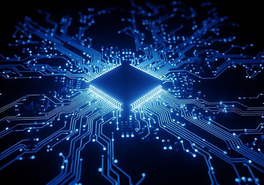 Glowing blue microchip on a circuit board representing digital technology