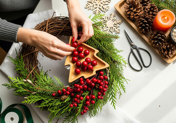 Top-down view of hands adding red berries to a grapevine Christmas wreath base adorned with evergreen, alongside crafting tools, pinecones, and wooden snowflake decorations. 
