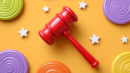 Colorful gavel with stars and circles on a vibrant background.