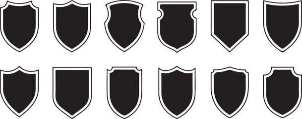 Police badge shape. Vector military shield silhouettes. Security, football patches isolated on white background. Illustration shield shape protection, black security and football badge