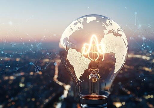 Global energy and connectivity concept with glowing light bulb over city
