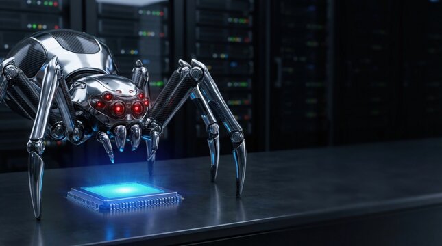 3D illustration of a menacing mechanical spider robot standing on a glowing blue CPU processor. Concept of computer virus, software bug, malware or cyber security threat in a server room.