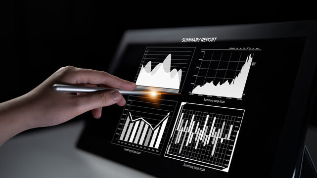 A hand interacts with a digital dashboard, showcasing a summary report with multiple graphs and data visualizations to assess business performance efficiently. Impute