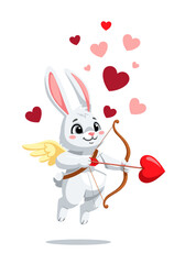 Adorable white bunny with angel wings and heart arrow surrounded by floating hearts