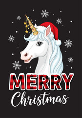 Cute white unicorn with Santa hat and golden horn decorations saying &ldquo;Merry Christmas&rdquo;