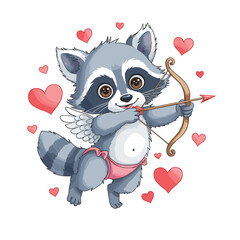 Cartoon raccoon cupid with wings and heart arrow in playful romantic scene with floating hearts