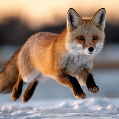 Obraz premium A fox running swiftly across a snowy landscape.