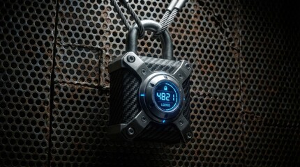 Close-up 3D illustration of a heavy-duty tactical padlock with carbon fiber texture and a digital code display showing numbers. Concept of high-level security, industrial protection and smart tech