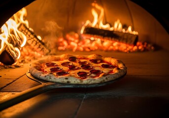 Authentic pepperoni pizza cooking in a blazing woodfired oven
