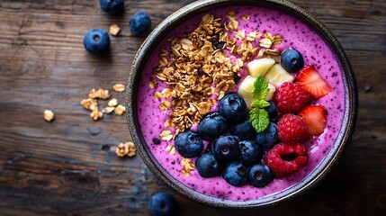 Blueberry smoothie bowl topped granola and fruits wooden background healthy breakfast concept overhead photography style
