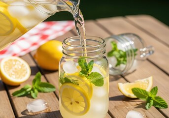 Pouring fresh homemade lemonade with lemon slice and mint leaves over ice cubes into a mason jar on a wooden table