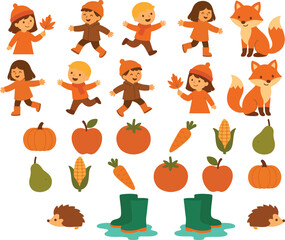 Jesienne dzieci, zwierzęta, owoce i warzywa 