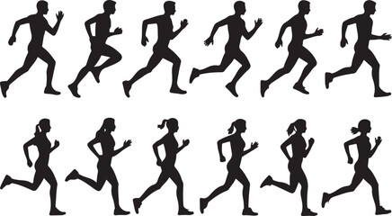 Run, set of running people, isolated vector silhouettes. Group of men and women runners