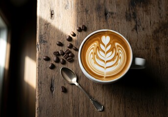 Top view of a delicious latte art coffee cup with beans and spoon on wooden table