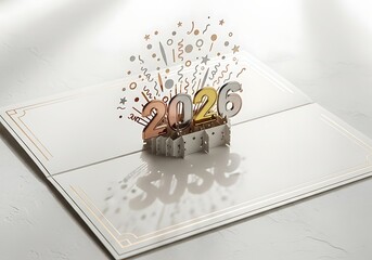 Popup card with 2026 numbers and festive confetti, isolated on white