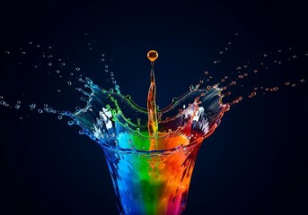 Vibrant rainbow water splash with a single drop against a dark background