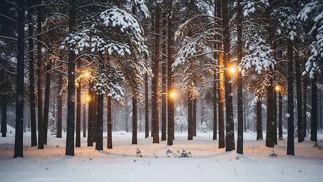 Enchanting winter forest scene with warm lights illuminating snow covered trees and footprints on the ground