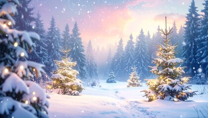 Fototapeta premium Winter forest landscape with a snowy Christmas pine tree under a cold blue sky