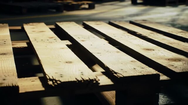 Close-up of a wooden pallet with parallel planks. The image is taken at a low angle with a shallow depth of field, with the background blurred