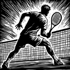 Low Volley Tennis Shot: Determined Player at the Net. Bold black and white woodcut illustration capturing the defensive or attacking stance and focus near the court net.